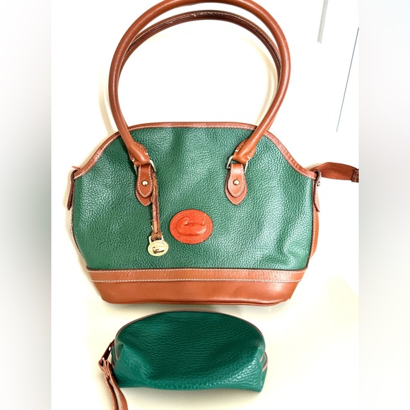 Vintage Green Dooney & Bourke All Weather Leather Satchel Handbag Matching Walle - Picture 3 of 11